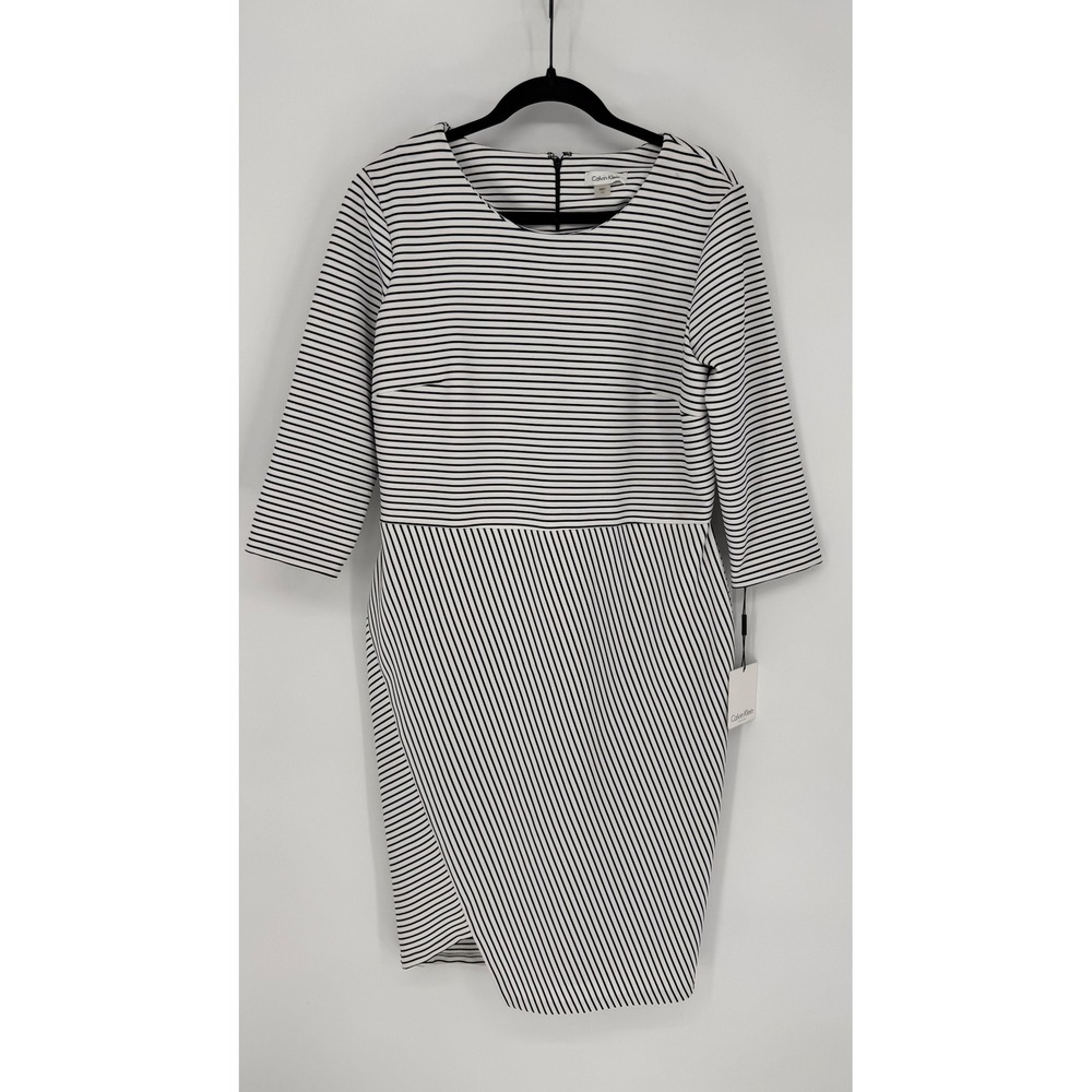 CALVIN KLEIN STRIPED ASYMMETRICAL SHEATH DRESS NWT 14 BLACK AND WHITE STRIPE